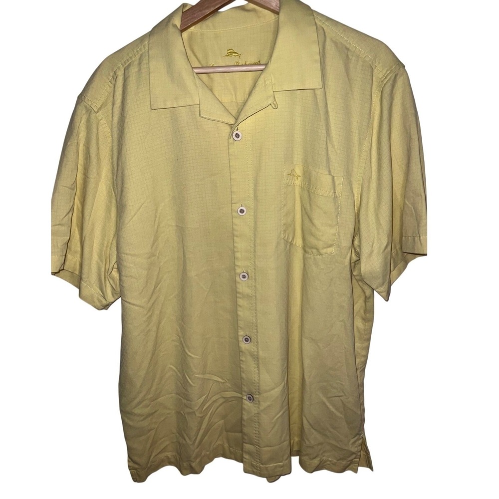 Tommy Bahama Mens Silk Blend Camp Shirt Textured Grid Yellow XL